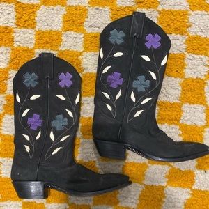 Larry Mahan Cowboy Boots - Black, blue and purple floral design
